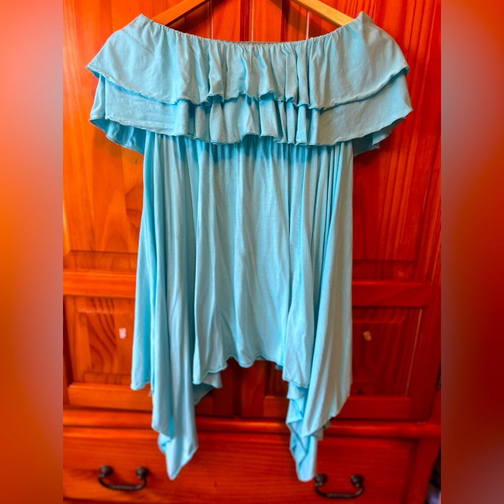 Olsenboye Strapless Ruffled Handkerchief Hem Dress in Light Blue